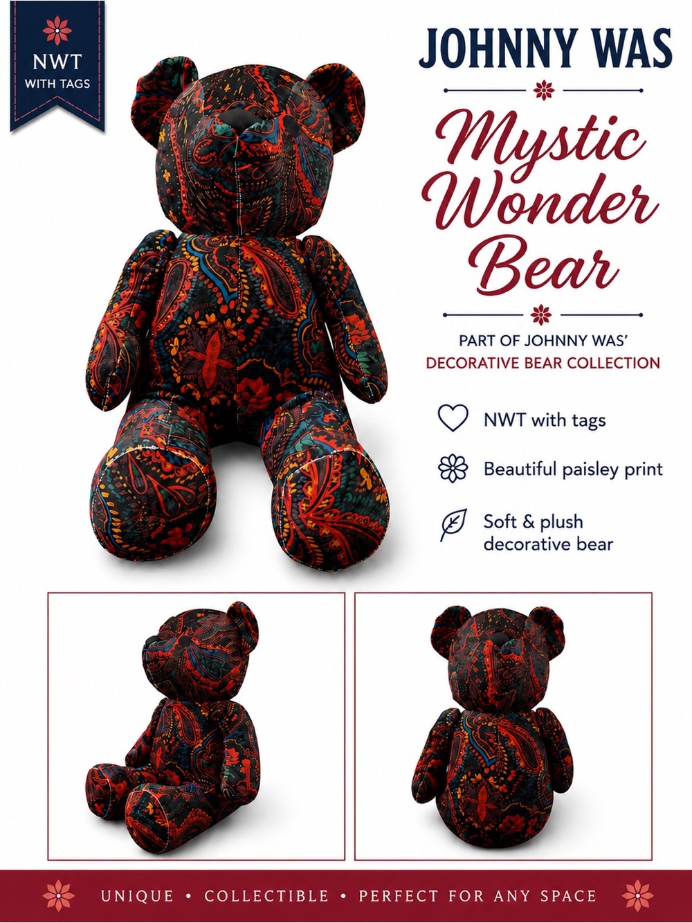 Johnny Was Mystic Wonder Bear Paisley Decorative Plush NWT Collectible